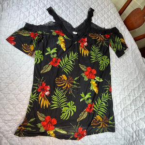 Sirenlily Black Red Floral Cold Shoulder Dress 2X